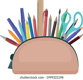 un gran estuche de lápiz escolar con varios materiales escolares, como una regla, un bolígrafo, lápices de colores, un cepillo, plumas de punta de fieltro y tijeras. Un conjunto de papel en un estuche de lápiz. Ilustración del vector