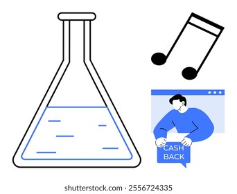 Large science flask filled with liquid, a black music note, and a man in a web browser window holding a cashback sign. Ideal for science, music, online shopping, education, graphic designs