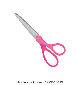 Large scissors with two long metal blades. Shears with pink plastic handles. Cutting instrument. Flat vector icon