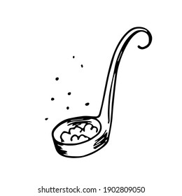 A large scoop spoon with witchcraft potion. Magic elixir or soup is brewed. Hand drawn halloween sketch black outline engraving tattoo. Stock vector illustration isolated on white background