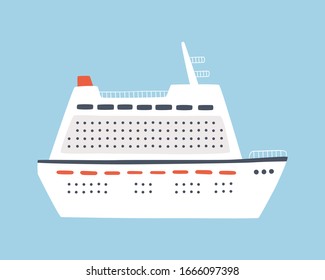 A large sea cruise ship. Travel on an ocean liner. Isolated hand drawn vector illustration on blue background