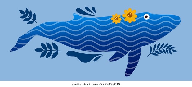 large sea mammal with wavy patterns moving through deep blue aquatic surroundings