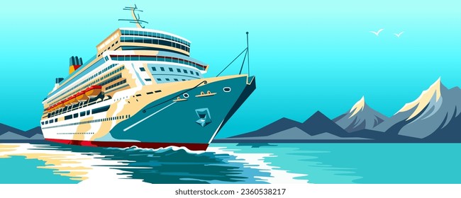 Large sea ship, cruise liner at blue ocean water. Luxury resort, huge boat, summer vacation, marine transport. Calm journey, tourist voyage, holiday tour. Seascape with mountain. Vector illustration