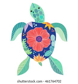 Large sea turtle with a decorative floral pattern, vector illustration