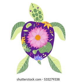 Large sea turtle with a decorative floral pattern, vector illustration