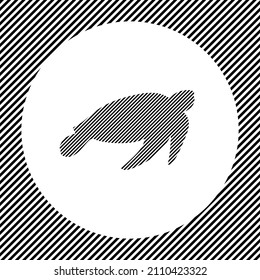A large sea turtle symbol in the center as a hatch of black lines on a white circle. Interlaced effect. Seamless pattern with striped black and white diagonal slanted lines