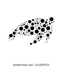 A large sea turtle symbol in the center made in pointillism style. The center symbol is filled with black circles of various sizes. Vector illustration on white background