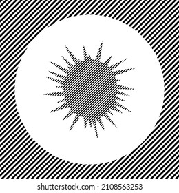 A large sea urchin symbol in the center as a hatch of black lines on a white circle. Interlaced effect. Seamless pattern with striped black and white diagonal slanted lines