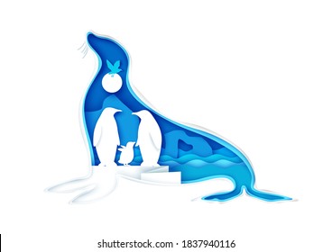 Large seal animal silhouette with Arctic landscape, pinguins family and bird inside, vector illustration in paper art style. The beauty of nature. Save animals, protect wildlife. Multiple exposure.