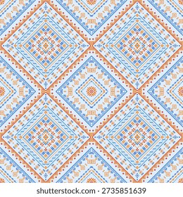 Large seamless folk pattern with layered diamond motifs in blue, orange, and white. Intricate pixel geometry creates a rich textile surface for prints, crafts, wallpapers, and decorative designs.
