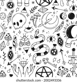 Large seamless pattern with black and white magic doodle elements on the theme of esotericism, magic, astrology. Vector illustration.