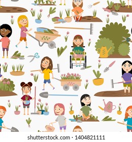 Large Seamless pattern. Cute girls in various poses gardening plants, weed beds, watering seedlings, pruning bushes and trees, working in the garden. People and garden tools. Vector illustration