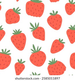 Large seamless strawberry pattern. Red berries on white background. Summer vegetarian yummy, dessert. Vector repeat strawberry print for cafes, restaurants, markets, grocery stores. Summer wallpaper.