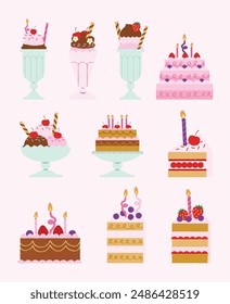 Large Selection of Birthday Cakes and Cupcakes. Items for Celebrations and Parties. Dessert Icons for Celebrations. Chocolate, Vanilla, Sprinkles, Candles. Flat Vector Illustration