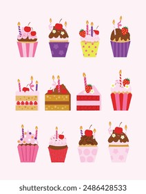 Large Selection of Birthday Cakes and Cupcakes. Items for Celebrations and Parties. Dessert Icons for Celebrations. Chocolate, Vanilla, Sprinkles, Candles. Flat Vector Illustration