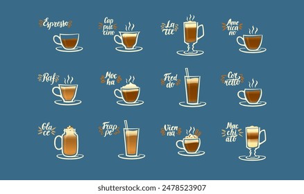 Una Grande selección de diferentes bebidas de café. Café en diferentes vasos. Caligrafía de los nombres de las bebidas. Bebidas de café sin alcohol.