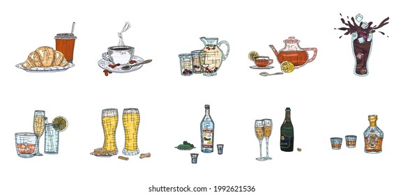 a large selection of drinks from the restaurant sketch. sketch image stock