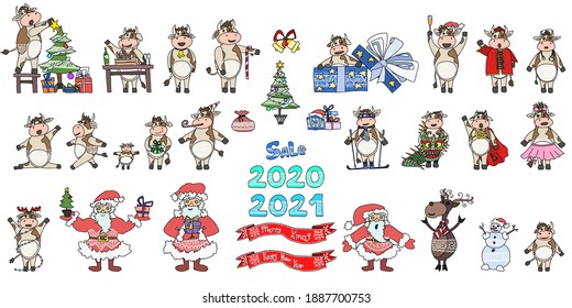 large selection of New Year's characters of bull and santa. vector doodle