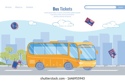 Rutas de selección grandes, Entradas de autobús, Dibujo. Autobús amarillo moderno recorre la ciudad de las calles. Solicitud de compra de billetes de autobús a través de Internet. Venta de entradas en varias direcciones, Diapositiva.