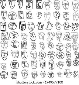 A large selection of silhouettes of people's faces.Black on a white background.For illustrations and icons.