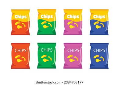 A large selection of snack packs in different colors. Pack of chips of different colors