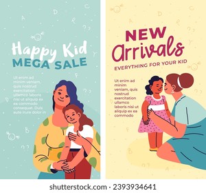 Large selection of toys, interactive games. Stylish comfortable clothes shoes. Educational materials for development. Happy mother with child. Promotional banner or advertisement, vector in flat style