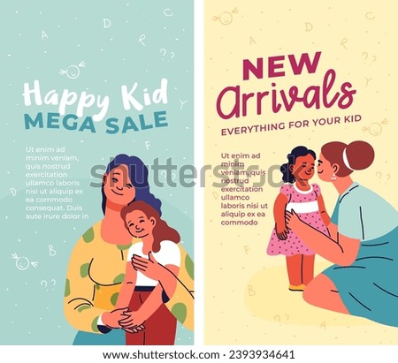 Large selection of toys, interactive games. Stylish comfortable clothes shoes. Educational materials for development. Happy mother with child. Promotional banner or advertisement, vector in flat style