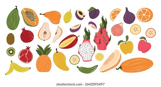 A large selection of various fruits on a white background, hand-drawn. Fashionable abstract minimalist style. Natural fruits. Vector illustration.