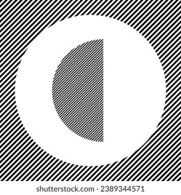 A large semicircle symbol in the center as a hatch of black lines on a white circle. Interlaced effect. Seamless pattern with striped black and white diagonal slanted lines