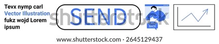 Large SEND button, man with upload box, upward graph line. Ideal for email campaigns, online forms, business, data uploads, communication apps, website buttons, user interfaces. Landing page