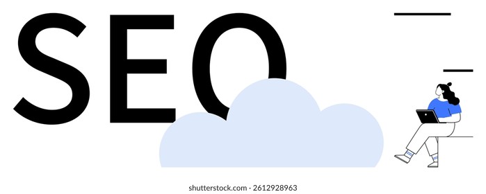 Large SEO text alongside a cloud and person sitting with a laptop. Ideal for digital marketing, search engine optimization, online business, tech innovations, web development, internet strategies