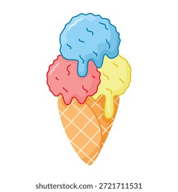 Grande porción de helado derretido en cono de waffle. Cucharadas multicolores de helado cremoso de frutas o bayas. Postre de leche frío, refrescante, que hace agua la boca, arte del Clip. elemento del Vector