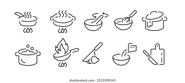 Large set of 10 cooking trendy minimal icons. Rolling Pin, Salt Shaker, Cooking Book, Chef Hat, Timer, Soup Bowl icons. Design signs for web page, mobile app, packaging design. Vector illustration