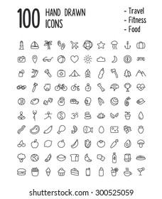 Large Set Of 100 Multi-purpose Icons For Web Or Apps: Travel, Sport, Health, Food And More. Clean And Minimalistic, But With A Personal Hand Drawn Feel. Thin Line Icons Isolated On White.