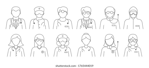 Large set of 12 black and white line drawn doctor icons showing assorted uniforms, scrubs, with and without masks and stethoscopes, vector illustration