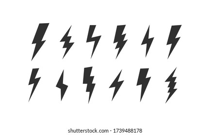 Large set of 12 Lightning bolt icons. Thunderbolt icons set isolated on white background. Flat design. Vector illustration