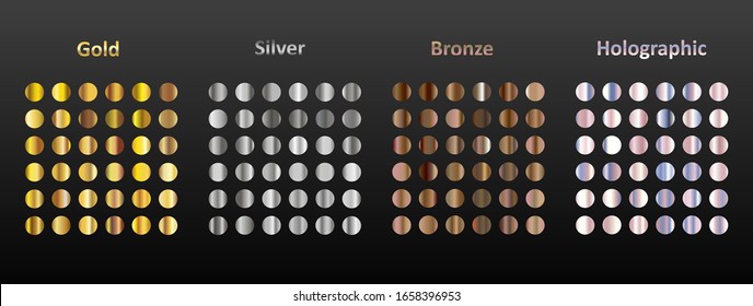 A large set of 144 round metal gradients. Gold, silver, bronze and holographic metal on a black background. Collection of sparkles for birthday, holiday and new year.