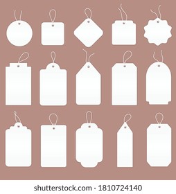 Large set of 15 blank white price tags or labels in assorted shapes with strings, colored vector illustration