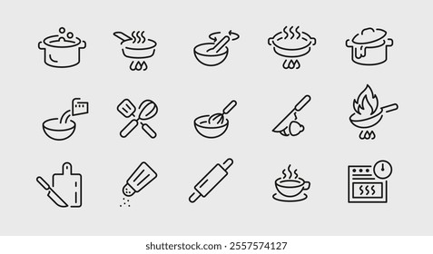 Large set of 15 cooking trendy minimal icons. Rolling Pin, Salt Shaker, Cooking Book, Chef Hat, Timer, Soup Bowl icons. Design signs for web page, mobile app, packaging design. Vector illustration