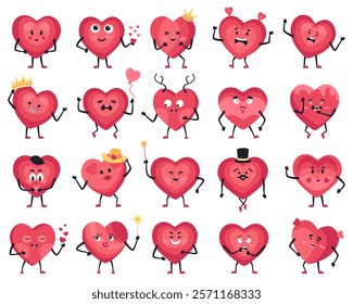 Large set of 20 adorable heart mascot characters displaying various emotions and expressions in Cartoon style. Vector illustration collection featuring different heart emoticons with arms and legs