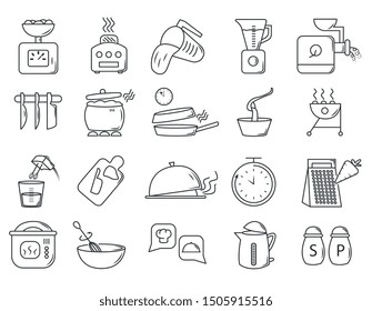 Large set of 20 different restaurant icons showing utensils, appliances, food, cookware, equipment for baking and cooking isolated on white, vector illustration
