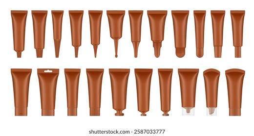 Large set of 22 brown cosmetic tubes. Closed blank tubes with caps. Realistic mockup. Long nozzle tube for ointment or salve. Gel serum. Korean packaging. Lip gloss. Toothpaste. Hand cream