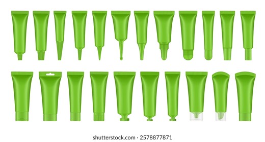 Large set of 22 green cosmetic tubes. Closed blank tubes with caps. Realistic mockup. Long nozzle tube for ointment or salve. Gel serum. Korean packaging. Lip gloss. Toothpaste. Hand cream