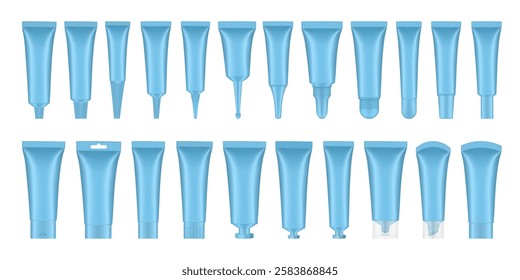 Large set of 22 light blue cosmetic tubes. Closed blank tubes with caps. Realistic mockup. Long nozzle tube for ointment or salve. Gel serum. Korean packaging. Lip gloss. Toothpaste. Hand cream