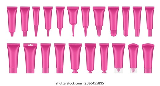 Large set of 22 pink cosmetic tubes. Closed blank tubes with caps. Realistic mockup. Long nozzle tube for ointment or salve. Gel serum. Korean packaging. Lip gloss. Toothpaste. Hand cream