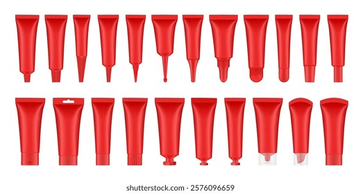 Large set of 22 red cosmetic tubes. Closed blank tubes with caps. Realistic mockup. Long nozzle tube for ointment or salve. Gel serum. Korean packaging. Lip gloss. Toothpaste. Hand cream