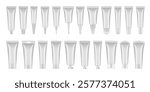 Large set of 22 white cosmetic tubes. Closed blank tubes with caps. Realistic mockup. Long nozzle tube for ointment or salve. Gel serum. Korean packaging. Lip gloss. Toothpaste. Hand cream