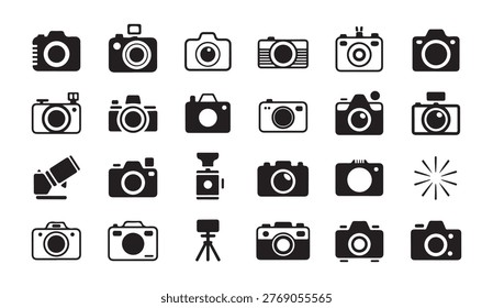 Large set of 24 black camera icons and related photography symbols, suitable for a wide array of visual projects.