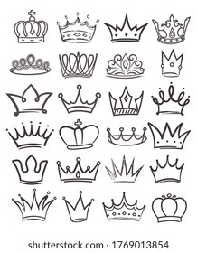 Gran conjunto de 24 coronas reales dibujadas en línea blanca y negra en diversos diseños, ilustración vectorial