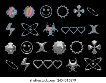 Un Grande conjunto de 24 símbolos de tendencia de metal y símbolos de refracción del arco iris en el estilo de U2K. Elementos 3D líquidos cromados brillantes en estilo futurista. Insignias metálicas en forma de estrella, corazón, sonrisa, átomo